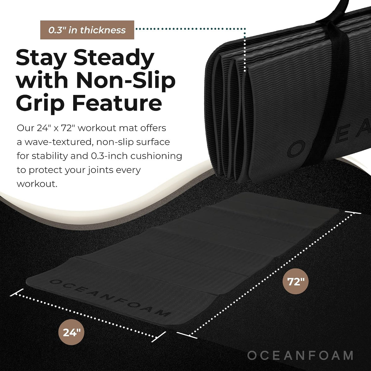 Travel Workout Mat – 0.3" Thick Folding Exercise Mat for Yoga, Pilates, & Fitness – Non-Slip with Cotton Carrying Strap, Made with Sustainable Algae Foam – 24" x 72" (Black Marbled)