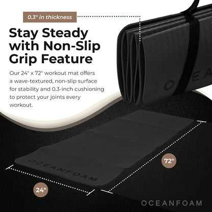 Travel Workout Mat – 0.3" Thick Folding Exercise Mat for Yoga, Pilates, & Fitness – Non-Slip with Cotton Carrying Strap, Made with Sustainable Algae Foam – 24" x 72" (Black Marbled)