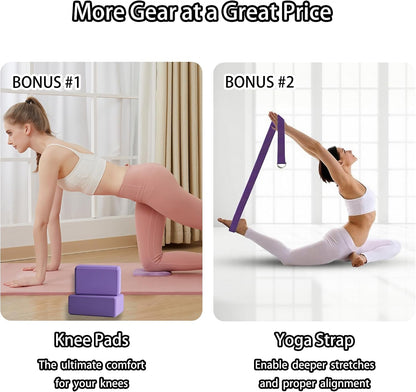 2 Yoga Blocks Supportive Accessories including 2 Knee Pads, 2 With Strap To Put Less Weight On Wrists, 1 Muscle Massage Roller, 2 Pair of Non-Slip Pilates Socks, 1 GYM Bag, Durable Versatile Yoga Brick Exercise Set of 10