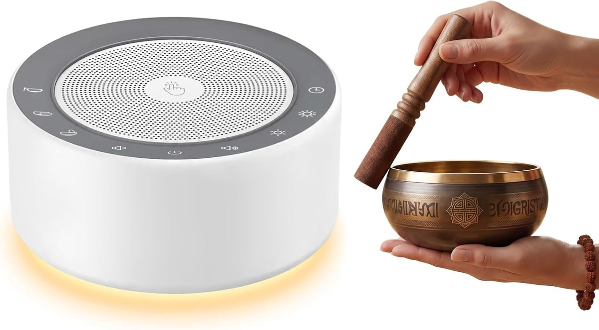 Tibetan Meditation Singing Bowl Sound Machine, 11 Authentic Singing Bowl & Relaxing Sounds, Premium Wood-Style Design, 7-Color Night Light, Timer & Memory, for Meditation, Yoga, Sleep & Mindfulness