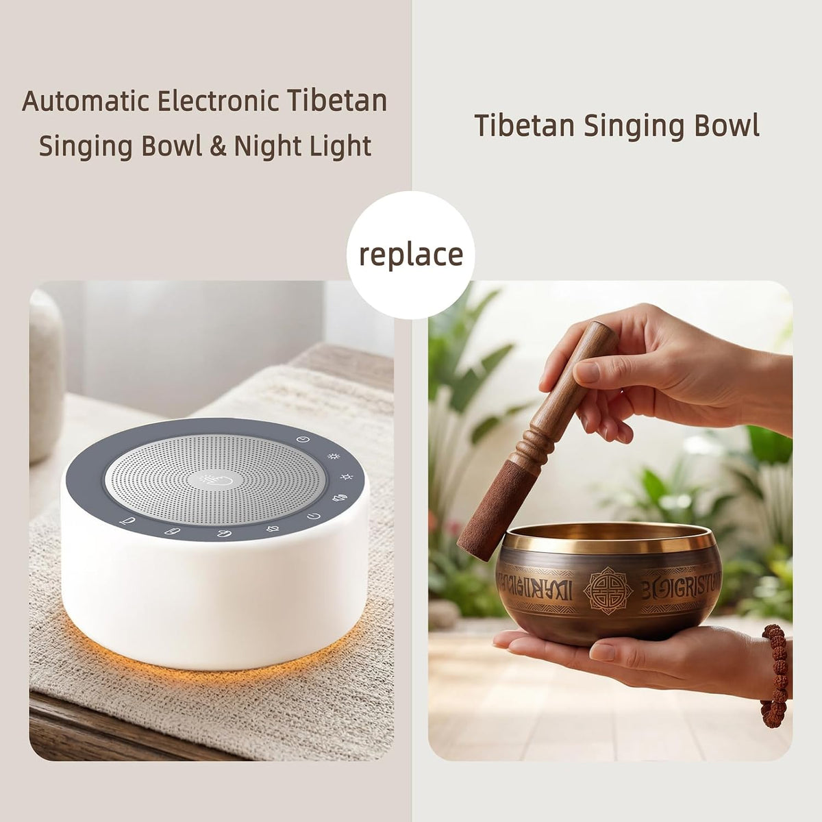 Tibetan Meditation Singing Bowl Sound Machine, 11 Authentic Singing Bowl & Relaxing Sounds, Premium Wood-Style Design, 7-Color Night Light, Timer & Memory, for Meditation, Yoga, Sleep & Mindfulness