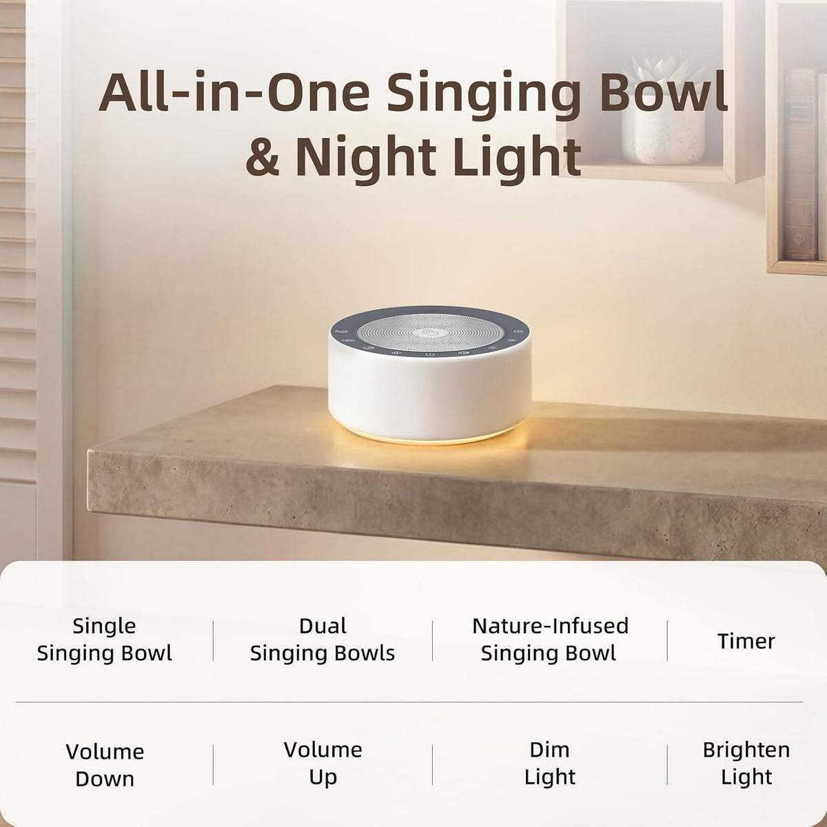 Tibetan Meditation Singing Bowl Sound Machine, 11 Authentic Singing Bowl & Relaxing Sounds, Premium Wood-Style Design, 7-Color Night Light, Timer & Memory, for Meditation, Yoga, Sleep & Mindfulness