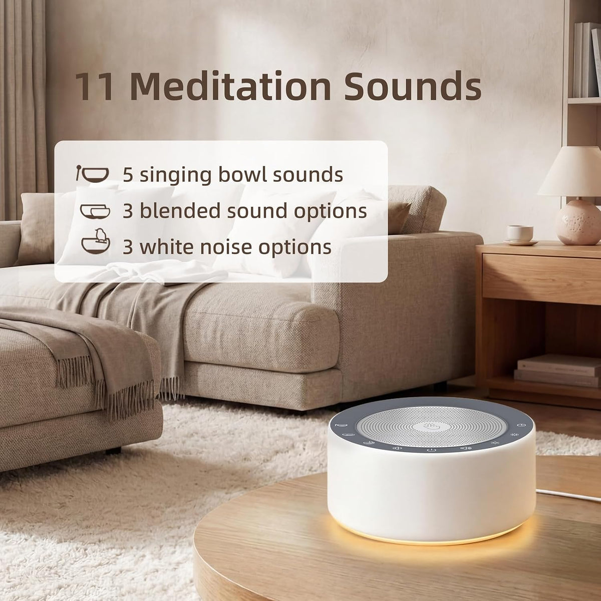 Tibetan Meditation Singing Bowl Sound Machine, 11 Authentic Singing Bowl & Relaxing Sounds, Premium Wood-Style Design, 7-Color Night Light, Timer & Memory, for Meditation, Yoga, Sleep & Mindfulness