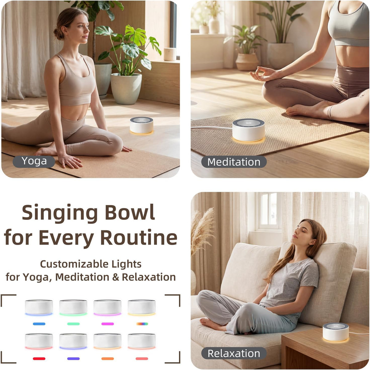 Tibetan Meditation Singing Bowl Sound Machine, 11 Authentic Singing Bowl & Relaxing Sounds, Premium Wood-Style Design, 7-Color Night Light, Timer & Memory, for Meditation, Yoga, Sleep & Mindfulness