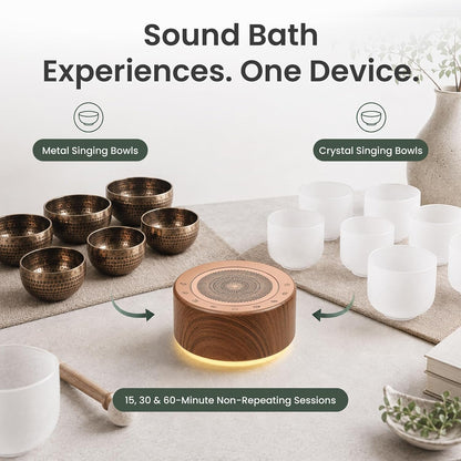 Tibetan Meditation Singing Bowl Sound Machine, 11 Authentic Singing Bowl & Relaxing Sounds, Premium Wood-Style Design, 7-Color Night Light, Timer & Memory, for Meditation, Yoga, Sleep & Mindfulness