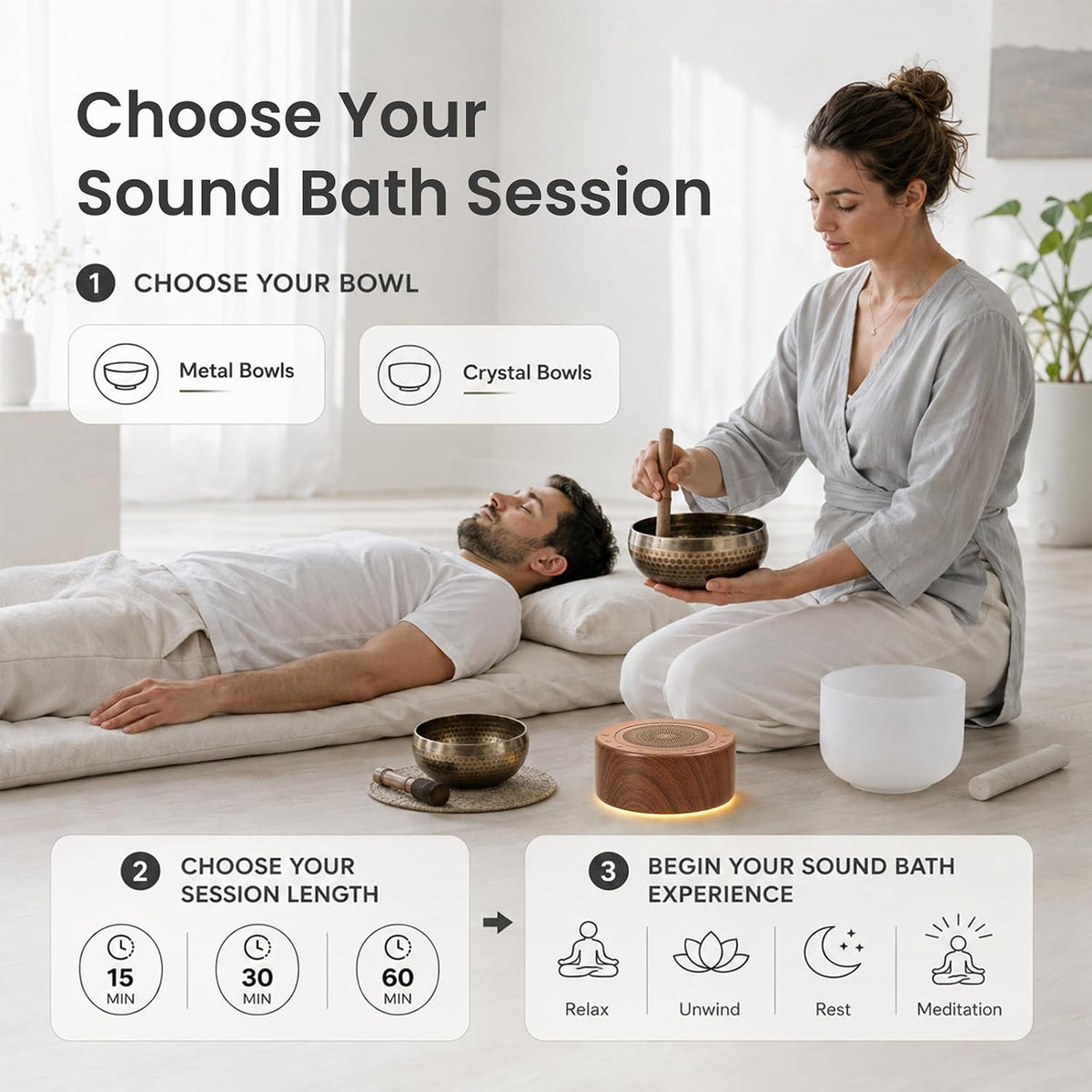 Tibetan Meditation Singing Bowl Sound Machine, 11 Authentic Singing Bowl & Relaxing Sounds, Premium Wood-Style Design, 7-Color Night Light, Timer & Memory, for Meditation, Yoga, Sleep & Mindfulness