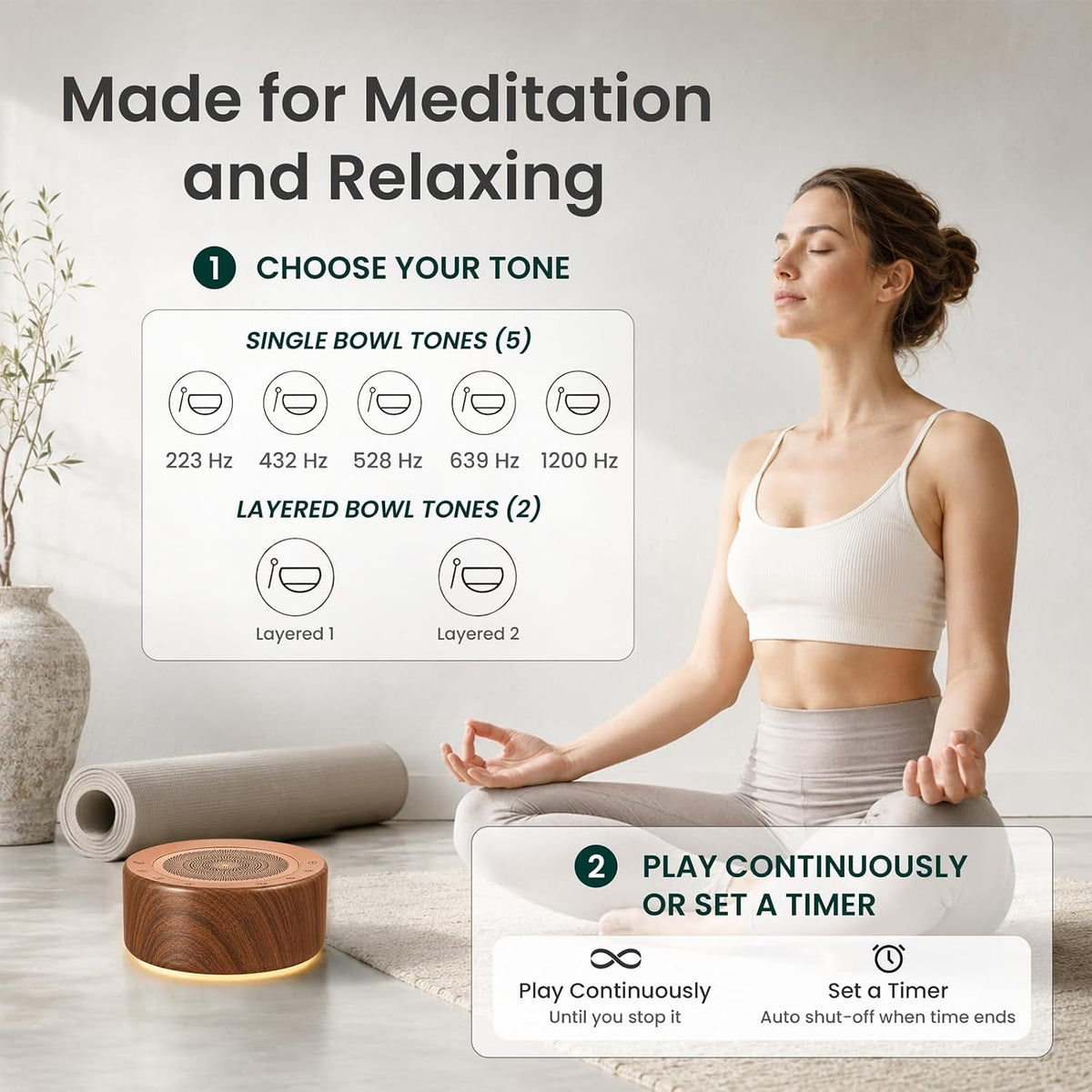 Tibetan Meditation Singing Bowl Sound Machine, 11 Authentic Singing Bowl & Relaxing Sounds, Premium Wood-Style Design, 7-Color Night Light, Timer & Memory, for Meditation, Yoga, Sleep & Mindfulness