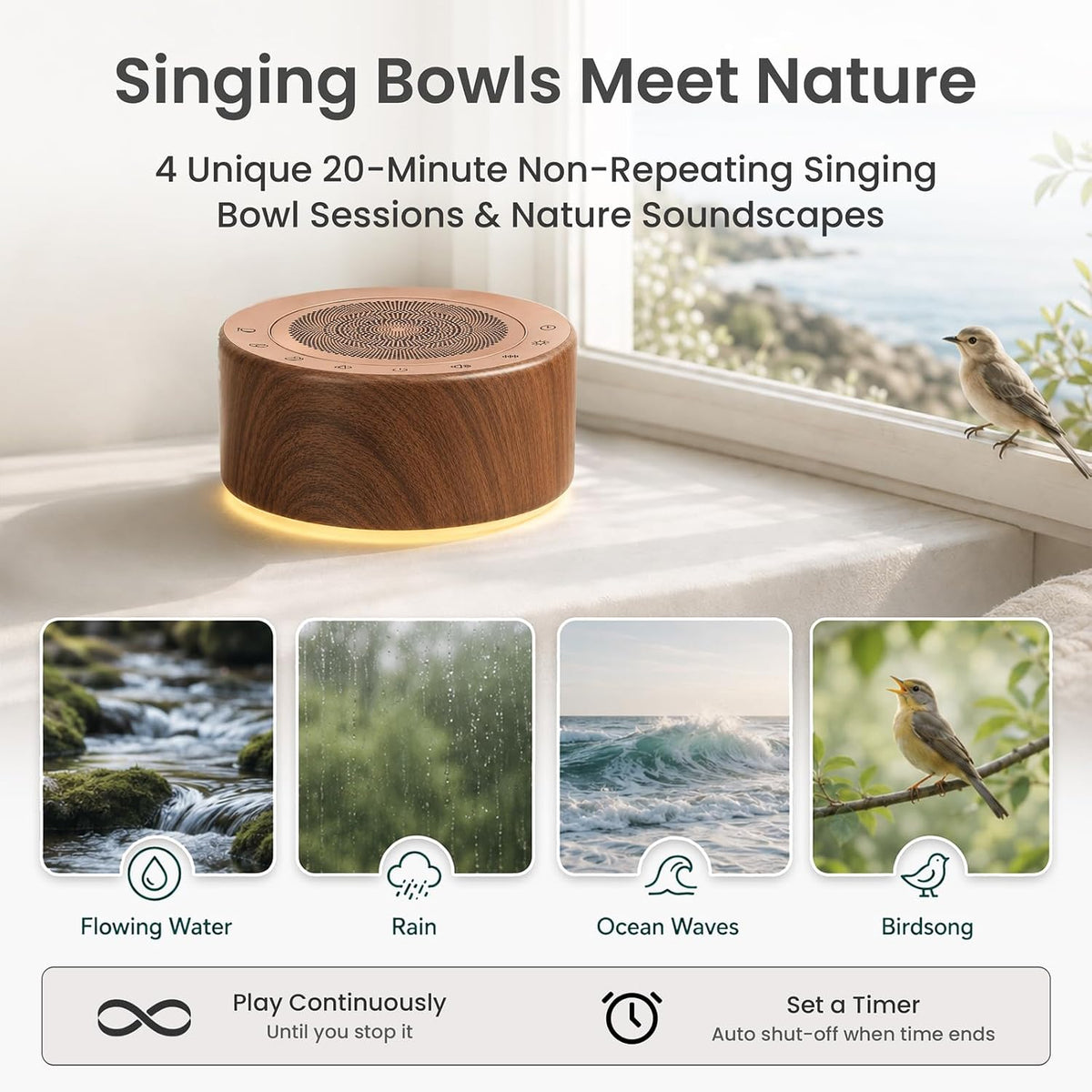 Tibetan Meditation Singing Bowl Sound Machine, 11 Authentic Singing Bowl & Relaxing Sounds, Premium Wood-Style Design, 7-Color Night Light, Timer & Memory, for Meditation, Yoga, Sleep & Mindfulness