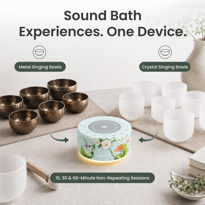 Tibetan Meditation Singing Bowl Sound Machine, 11 Authentic Singing Bowl & Relaxing Sounds, Premium Wood-Style Design, 7-Color Night Light, Timer & Memory, for Meditation, Yoga, Sleep & Mindfulness