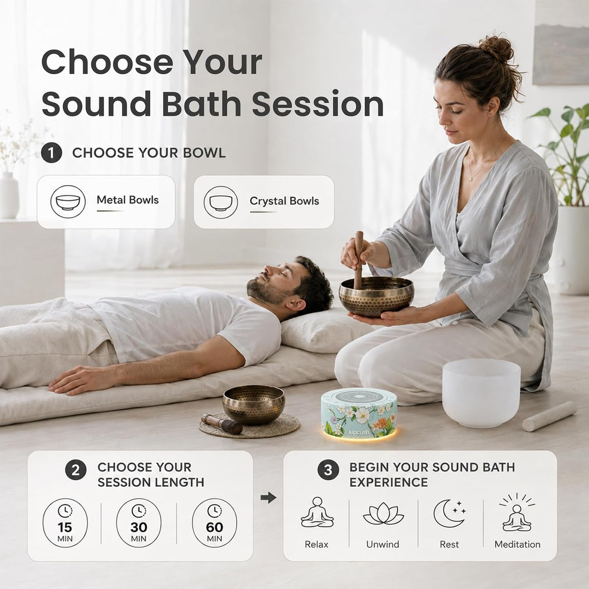 Tibetan Meditation Singing Bowl Sound Machine, 11 Authentic Singing Bowl & Relaxing Sounds, Premium Wood-Style Design, 7-Color Night Light, Timer & Memory, for Meditation, Yoga, Sleep & Mindfulness