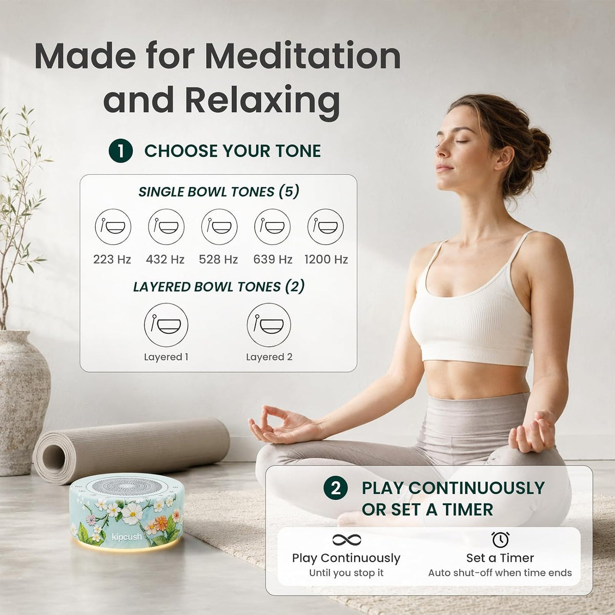 Tibetan Meditation Singing Bowl Sound Machine, 11 Authentic Singing Bowl & Relaxing Sounds, Premium Wood-Style Design, 7-Color Night Light, Timer & Memory, for Meditation, Yoga, Sleep & Mindfulness