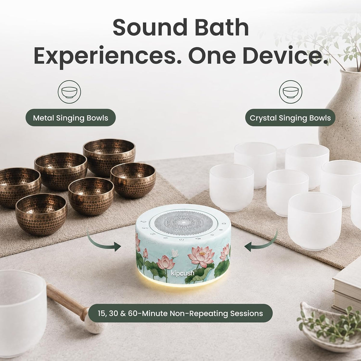 Tibetan Meditation Singing Bowl Sound Machine, 11 Authentic Singing Bowl & Relaxing Sounds, Premium Wood-Style Design, 7-Color Night Light, Timer & Memory, for Meditation, Yoga, Sleep & Mindfulness