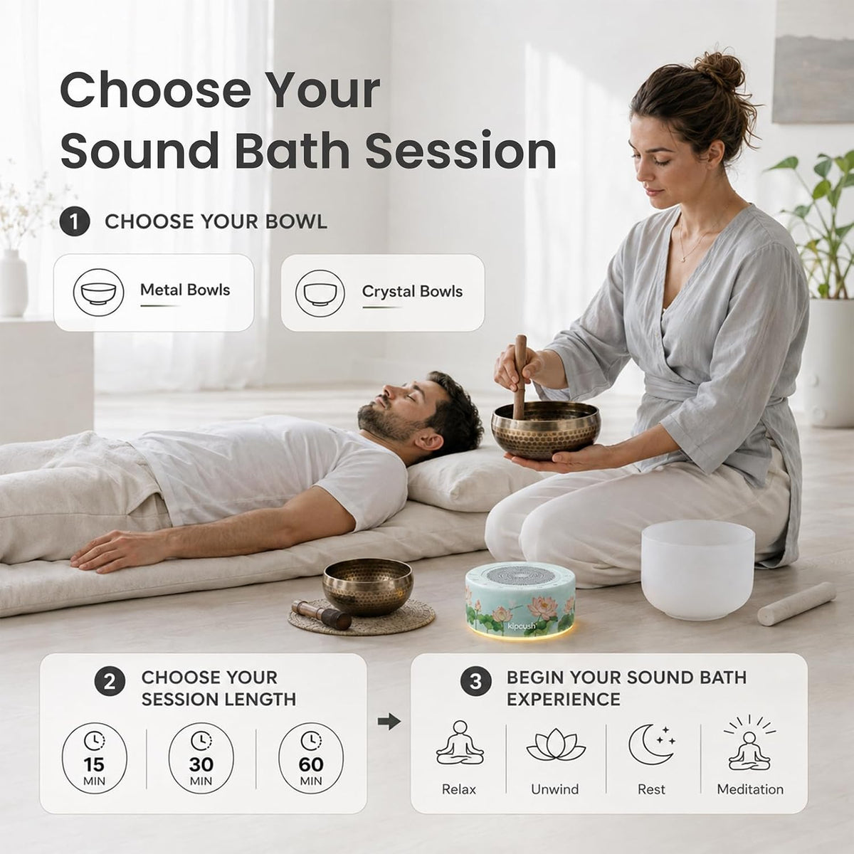 Tibetan Meditation Singing Bowl Sound Machine, 11 Authentic Singing Bowl & Relaxing Sounds, Premium Wood-Style Design, 7-Color Night Light, Timer & Memory, for Meditation, Yoga, Sleep & Mindfulness