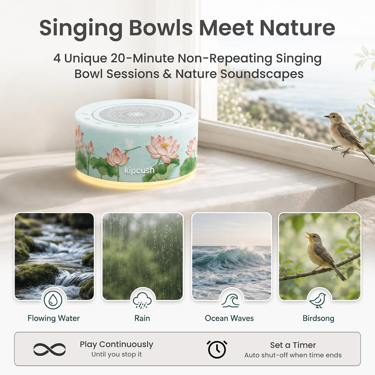 Tibetan Meditation Singing Bowl Sound Machine, 11 Authentic Singing Bowl & Relaxing Sounds, Premium Wood-Style Design, 7-Color Night Light, Timer & Memory, for Meditation, Yoga, Sleep & Mindfulness