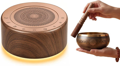 Tibetan Meditation Singing Bowl Sound Machine, 11 Authentic Singing Bowl & Relaxing Sounds, Premium Wood-Style Design, 7-Color Night Light, Timer & Memory, for Meditation, Yoga, Sleep & Mindfulness