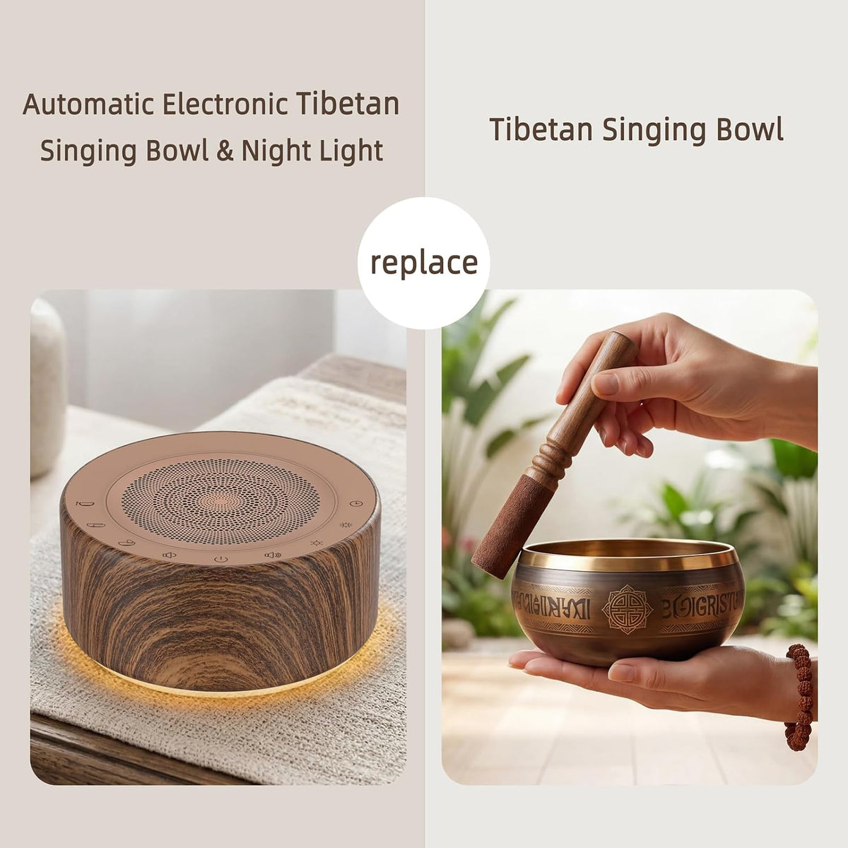 Tibetan Meditation Singing Bowl Sound Machine, 11 Authentic Singing Bowl & Relaxing Sounds, Premium Wood-Style Design, 7-Color Night Light, Timer & Memory, for Meditation, Yoga, Sleep & Mindfulness
