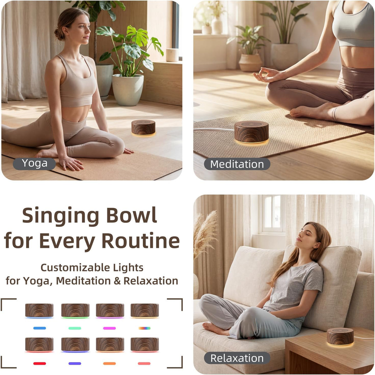 Tibetan Meditation Singing Bowl Sound Machine, 11 Authentic Singing Bowl & Relaxing Sounds, Premium Wood-Style Design, 7-Color Night Light, Timer & Memory, for Meditation, Yoga, Sleep & Mindfulness