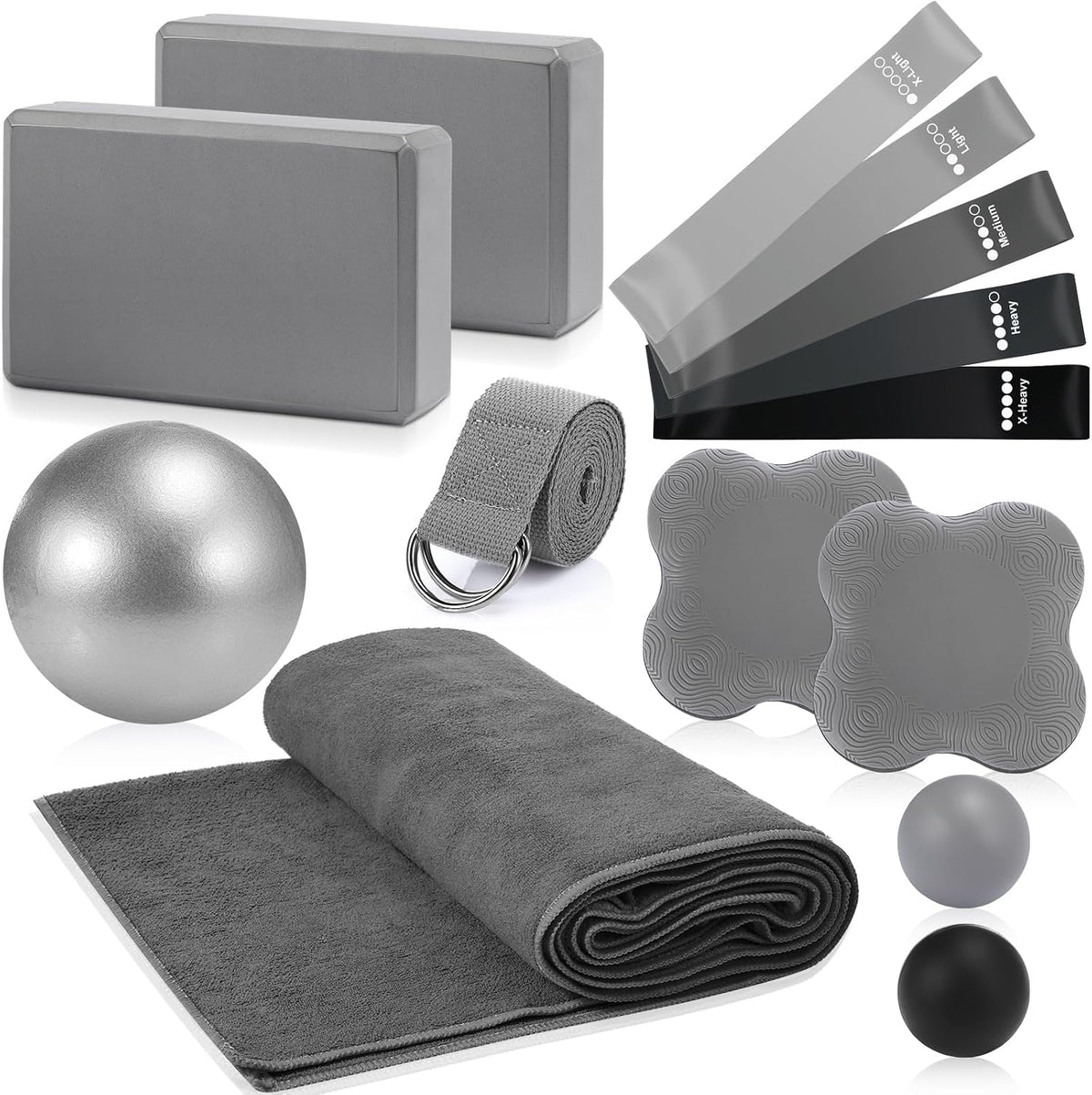 14 Pcs Yoga Kits for Home Workouts Pilates Equipment Set for Women Beginners, Hot Yoga Towel Blocks Strap, Knee Pad, Resistance Loop Exercise Band, Massage Lacrosse Ball, Pilates Ball