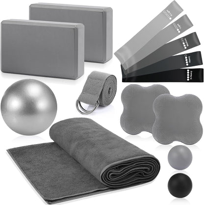 14 Pcs Yoga Kits for Home Workouts Pilates Equipment Set for Women Beginners, Hot Yoga Towel Blocks Strap, Knee Pad, Resistance Loop Exercise Band, Massage Lacrosse Ball, Pilates Ball