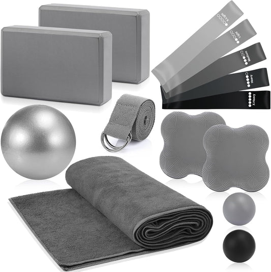 14 Pcs Yoga Kits for Home Workouts Pilates Equipment Set for Women Beginners, Hot Yoga Towel Blocks Strap, Knee Pad, Resistance Loop Exercise Band, Massage Lacrosse Ball, Pilates Ball