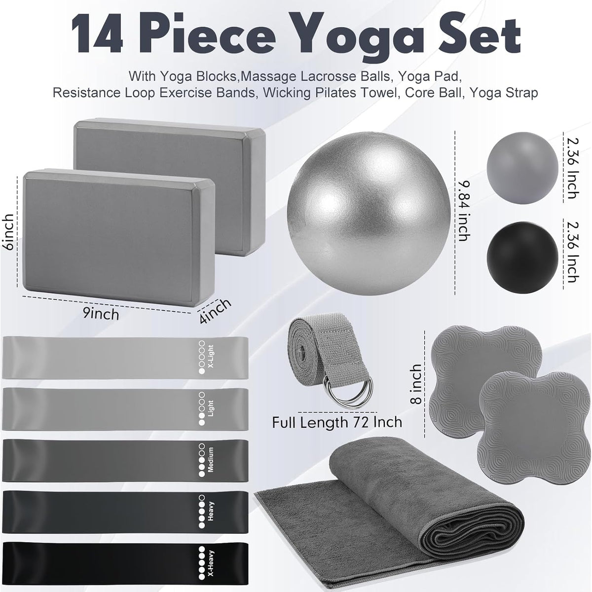 14 Pcs Yoga Kits for Home Workouts Pilates Equipment Set for Women Beginners, Hot Yoga Towel Blocks Strap, Knee Pad, Resistance Loop Exercise Band, Massage Lacrosse Ball, Pilates Ball