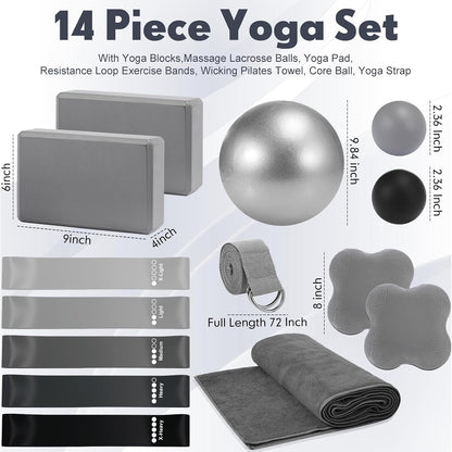 14 Pcs Yoga Kits for Home Workouts Pilates Equipment Set for Women Beginners, Hot Yoga Towel Blocks Strap, Knee Pad, Resistance Loop Exercise Band, Massage Lacrosse Ball, Pilates Ball