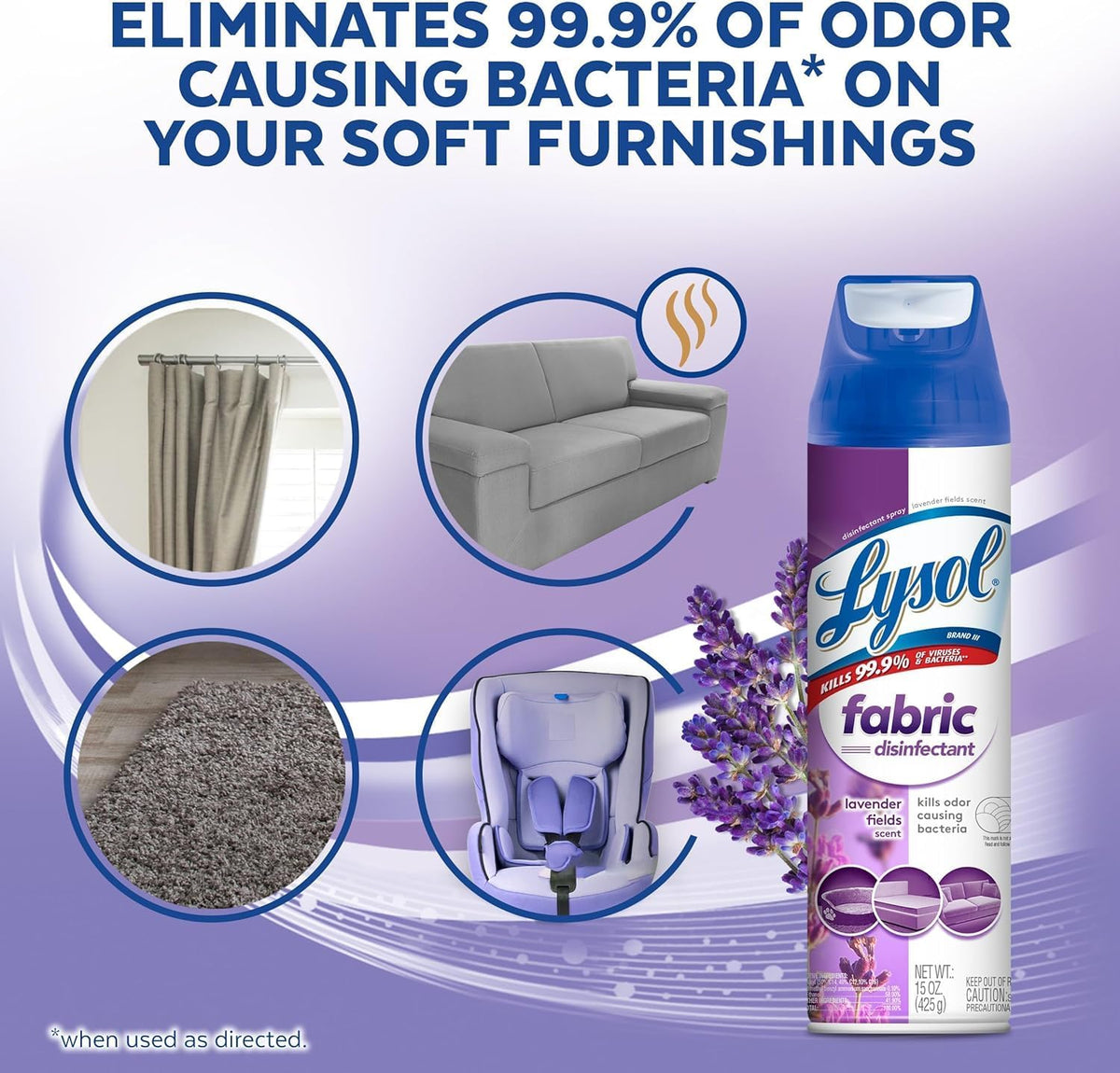 Fabric Disinfectant Spray, Sanitizing and Antibacterial Spray, For Disinfecting and Deodorizing Soft Furnishings, Lavender Fields 15 Fl. Oz (Pack of 3)
