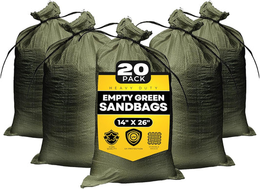 Empty Sandbags Military Green with Ties 14" x 26" - Woven Polypropylene Extra Heavy Duty Sand Bags Flood Protection