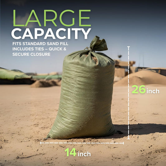Empty Sandbags Military Green with Ties 14" x 26" - Woven Polypropylene Extra Heavy Duty Sand Bags Flood Protection