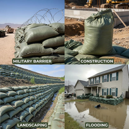 Empty Sandbags Military Green with Ties 14" x 26" - Woven Polypropylene Extra Heavy Duty Sand Bags Flood Protection
