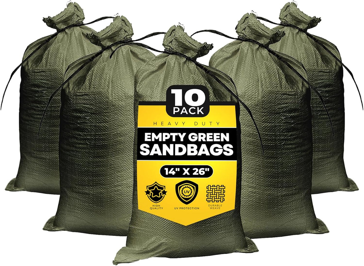 Empty Sandbags Military Green with Ties 14" x 26" - Woven Polypropylene Extra Heavy Duty Sand Bags Flood Protection