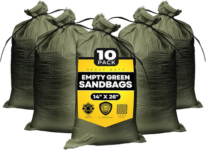 Empty Sandbags Military Green with Ties 14" x 26" - Woven Polypropylene Extra Heavy Duty Sand Bags Flood Protection