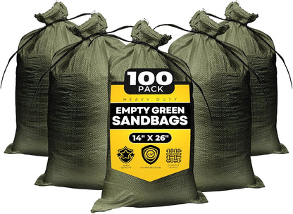 Empty Sandbags Military Green with Ties 14" x 26" - Woven Polypropylene Extra Heavy Duty Sand Bags Flood Protection