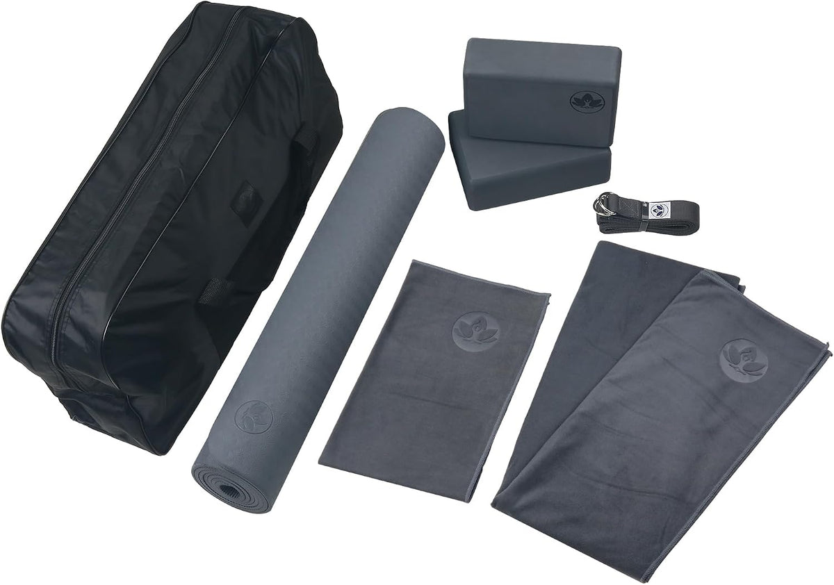 7 Piece Yoga Kit for Women & Men, 6mm Cushioned Mat, 2 Blocks, Strap, Mat and Hand Towels & Carrying Bag - Starter Yoga Set, Accessories & Equipment for Home Workout