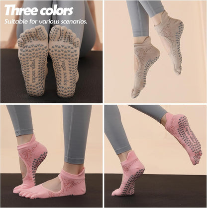 Women's Non-Slip Pilates Yoga Socks, 5-Toe Breathable Cotton Sports Socks, For Pregnant Women, 3 Pairs