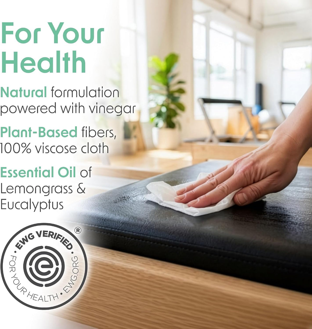 Yoga Mat Cleaner Wipes, EWG Verified, 400 Ct Plant-Based Lemongrass, Eucalyptus & Vinegar Wipes for Gym & Fitness Equipment & All Purpose Gym Cleaning - Safe for Peloton Bikes & Treadmills