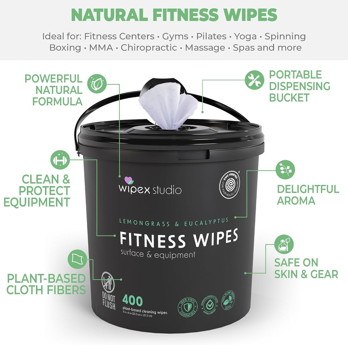Yoga Mat Cleaner Wipes, EWG Verified, 400 Ct Plant-Based Lemongrass, Eucalyptus & Vinegar Wipes for Gym & Fitness Equipment & All Purpose Gym Cleaning - Safe for Peloton Bikes & Treadmills