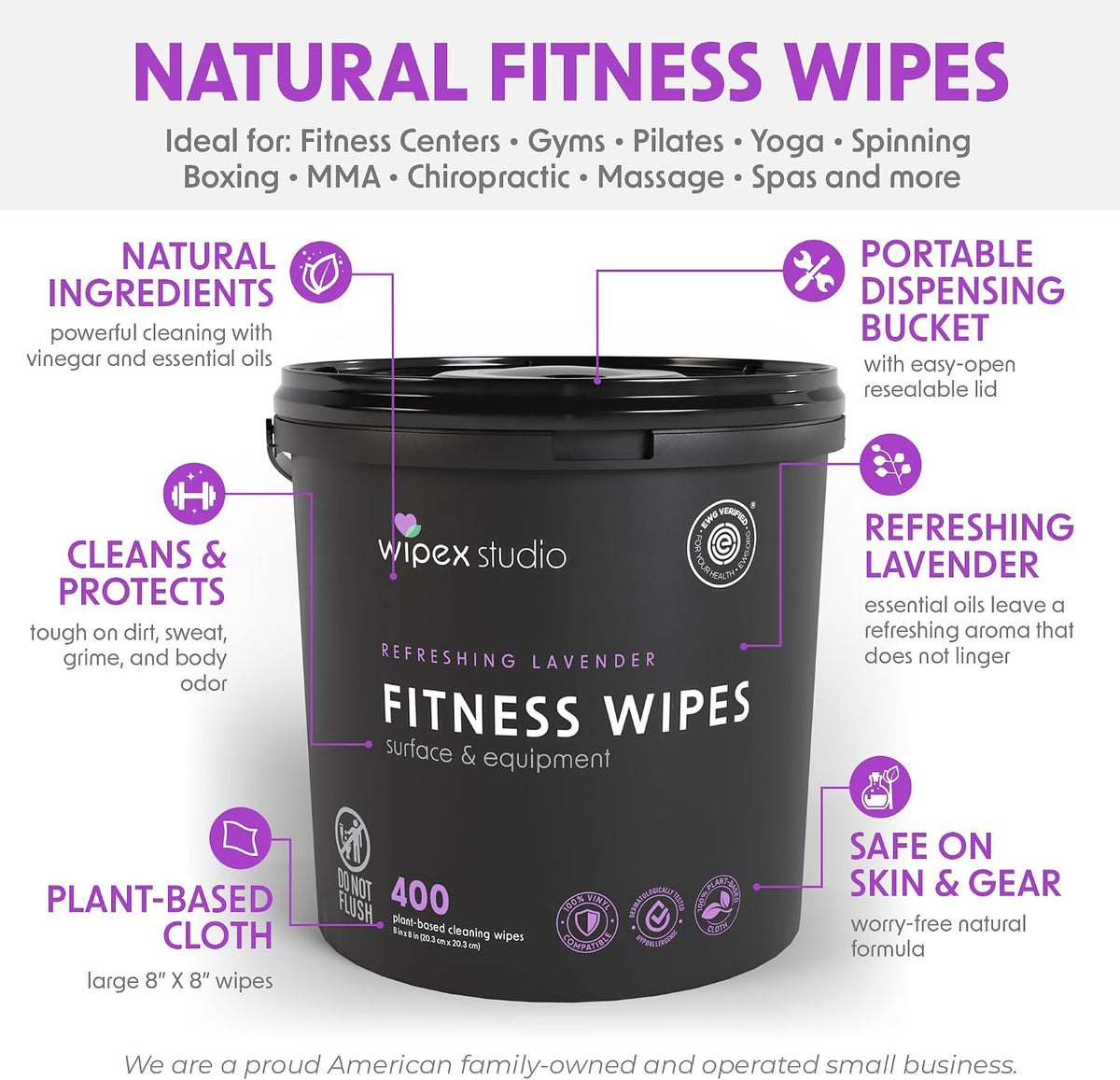 Yoga Mat Cleaner Wipes, EWG Verified, 400 Ct Plant-Based Lemongrass, Eucalyptus & Vinegar Wipes for Gym & Fitness Equipment & All Purpose Gym Cleaning - Safe for Peloton Bikes & Treadmills