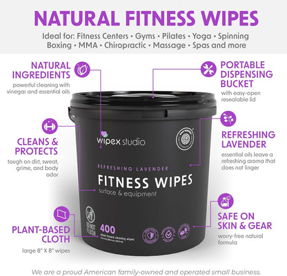Yoga Mat Cleaner Wipes, EWG Verified, 400 Ct Plant-Based Lemongrass, Eucalyptus & Vinegar Wipes for Gym & Fitness Equipment & All Purpose Gym Cleaning - Safe for Peloton Bikes & Treadmills