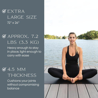 FFLLOOWW Premium Non Slip PU Yoga Mat 72.8” x 26.8” 4.5mm – Eco Friendly Natural Rubber Exercise Mat for Hot Yoga, Pilates & Home Workout with Carry Strap
