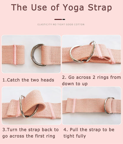 8ft Pink Thick Women Yoga Strap with Metal Loop with Bag Set, Nylon Cotton Durable Fitness Yoga Stretch Belt with Buckle As Physcial Therapy Bands Workout Adjustable D-Ring Buckle Gym Tools Rope Props
