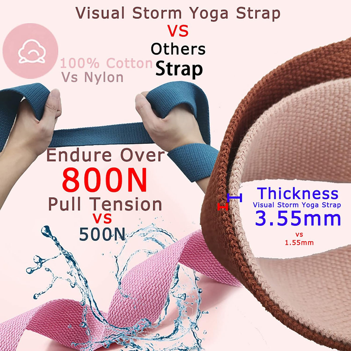 8ft Pink Thick Women Yoga Strap with Metal Loop with Bag Set, Nylon Cotton Durable Fitness Yoga Stretch Belt with Buckle As Physcial Therapy Bands Workout Adjustable D-Ring Buckle Gym Tools Rope Props