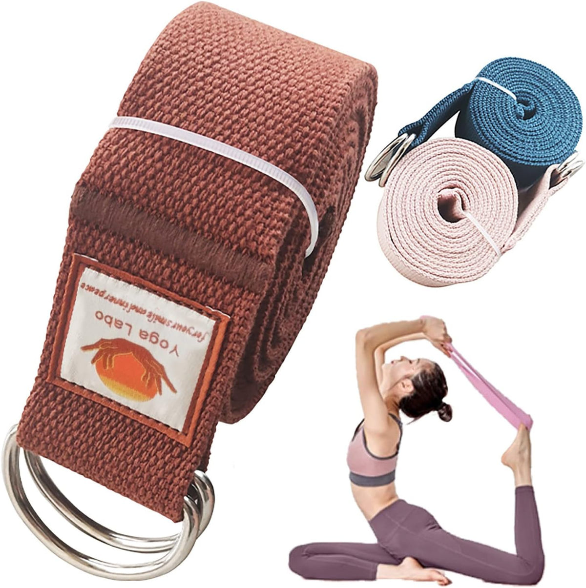 8ft Pink Thick Women Yoga Strap with Metal Loop with Bag Set, Nylon Cotton Durable Fitness Yoga Stretch Belt with Buckle As Physcial Therapy Bands Workout Adjustable D-Ring Buckle Gym Tools Rope Props