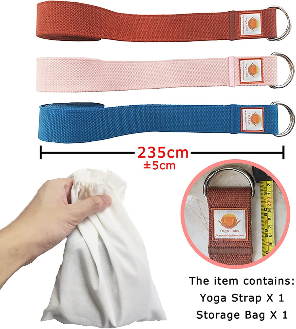 8ft Pink Thick Women Yoga Strap with Metal Loop with Bag Set, Nylon Cotton Durable Fitness Yoga Stretch Belt with Buckle As Physcial Therapy Bands Workout Adjustable D-Ring Buckle Gym Tools Rope Props