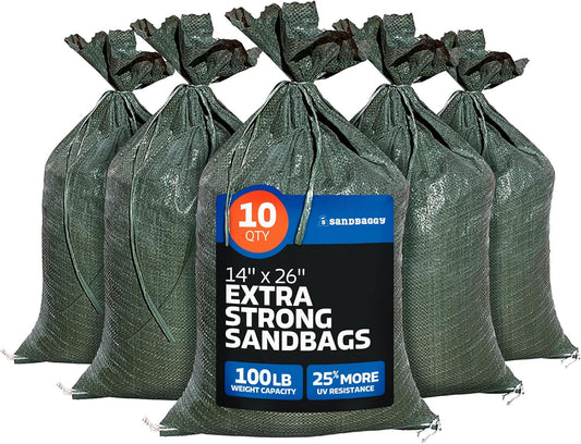 Heavy Duty Empty Sandbags For Flooding (14" X 26") - Poly Sand Bags For Flood Barrier, Weight, Construction, Earth Bag Homes - Reusable, UV Resistant - Tie Strings Attached (10 Bags)