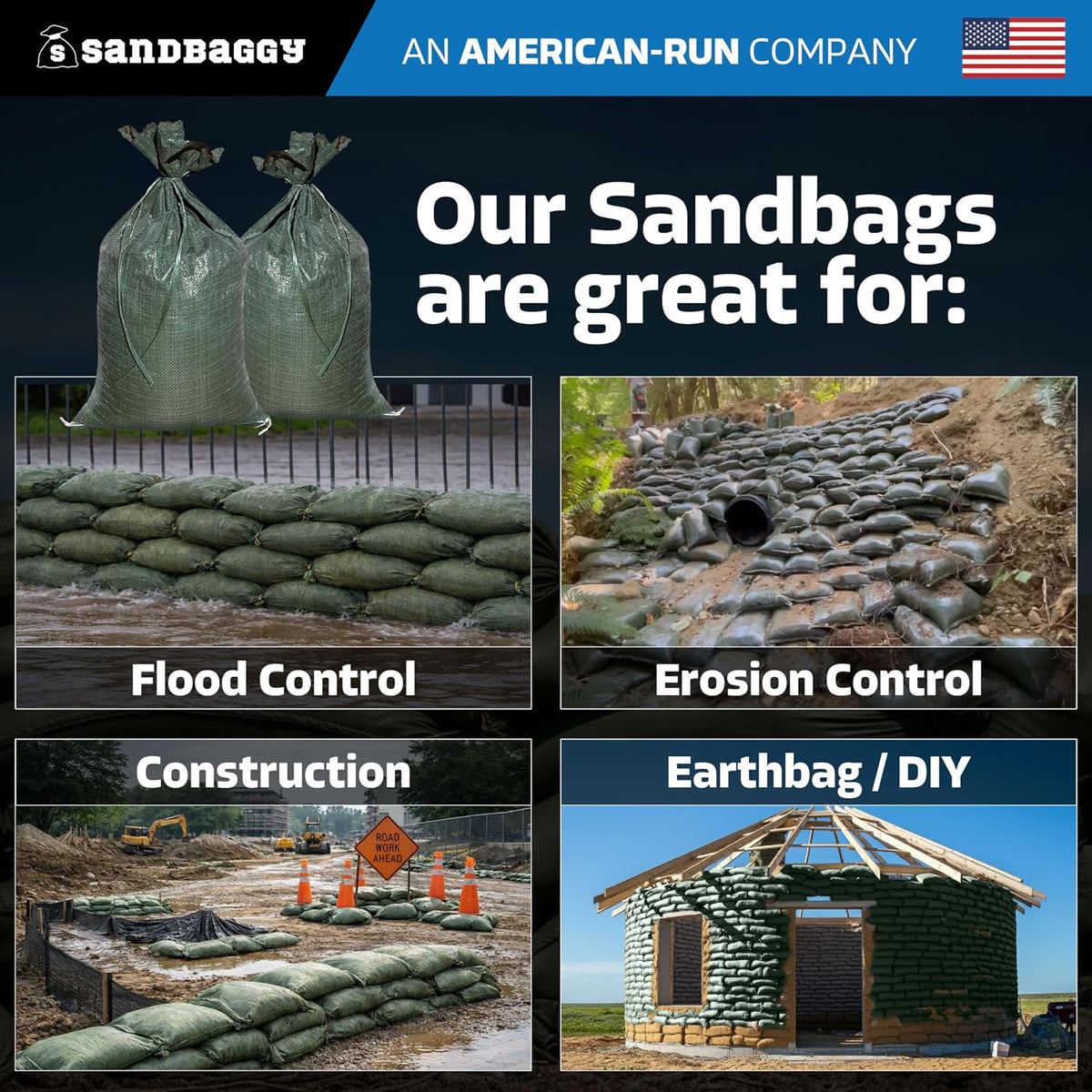 Heavy Duty Empty Sandbags For Flooding (14" X 26") - Poly Sand Bags For Flood Barrier, Weight, Construction, Earth Bag Homes - Reusable, UV Resistant - Tie Strings Attached (10 Bags)