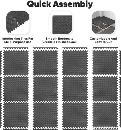 64 sqft Home Gym Mat, Puzzle Exercise Mat, EVA Interlocking Foam Floor Tiles for Home Workout Equipment and Kids' Play Areas - Black, 24 in x 24 in x ½ in - 16 Tiles (Black, 64 SQ FT)