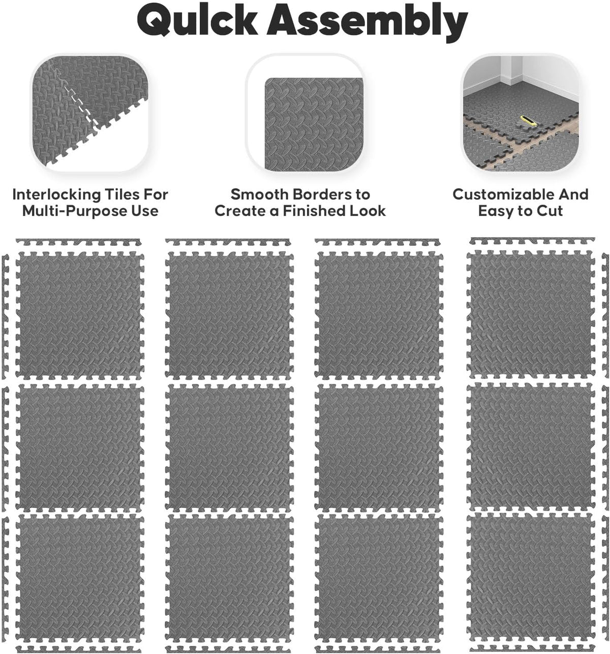 64 sqft Home Gym Mat, Puzzle Exercise Mat, EVA Interlocking Foam Floor Tiles for Home Workout Equipment and Kids' Play Areas - Black, 24 in x 24 in x ½ in - 16 Tiles (Black, 64 SQ FT)