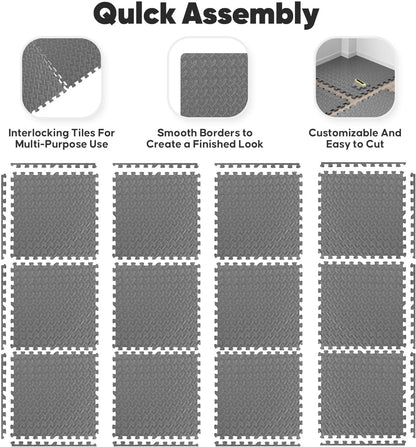 64 sqft Home Gym Mat, Puzzle Exercise Mat, EVA Interlocking Foam Floor Tiles for Home Workout Equipment and Kids' Play Areas - Black, 24 in x 24 in x ½ in - 16 Tiles (Black, 64 SQ FT)