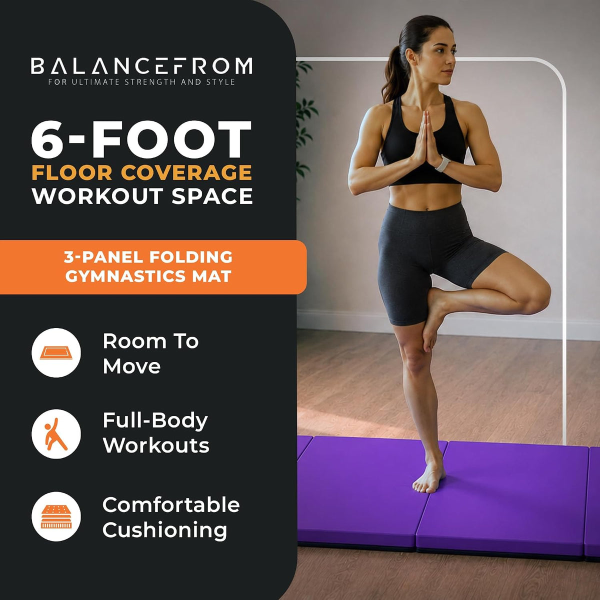 BalanceFrom 6x2 Feet 3-Panel Folding Gymnastics Mat – 2-Inch Thick Pad with Vinyl Surface and Carrying Handles for Tumbling, Yoga, Pilates, Home Workouts, and Martial Arts